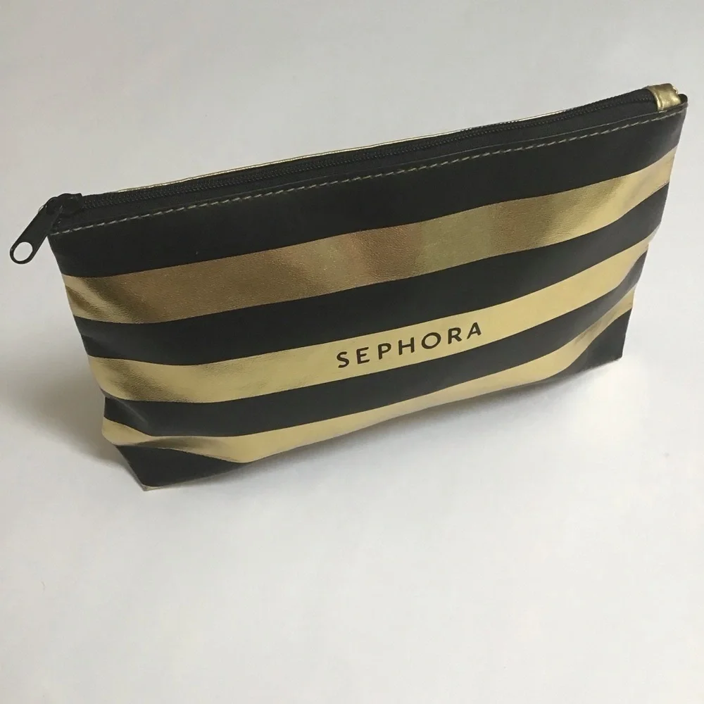 Sephora Makeup Bag Black Gold Stripe Cosmetic Pouch Beauty Organizer Travel 5x8